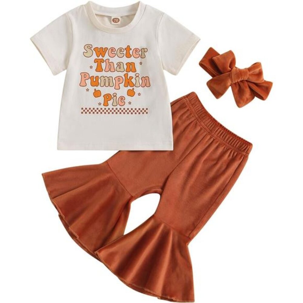 Baby Girl Fall Halloween Outfit Pumpkin Printed Sweatshirt Tops Flare‎ Pants Set